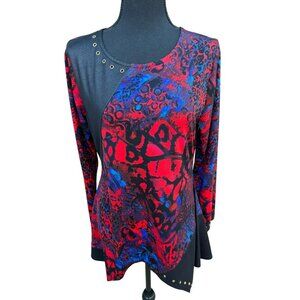 Calessa Multicolor Asymmetrical Hem Tunic Top Grommet M Artsy Bright City Work